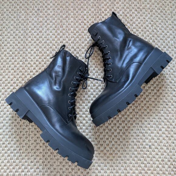 LA CANADIENNE Brendan Combat Boots Lug Sole Waterproof Black Leather 38 US 7.5 - Picture 1 of 13